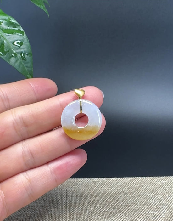 Load and play video in Gallery viewer, &amp;quot;Good Luck Button&amp;quot; Yellow Jadeite Jade Lucky KouKou Pendant With 18K Yellow Gold  Bail
