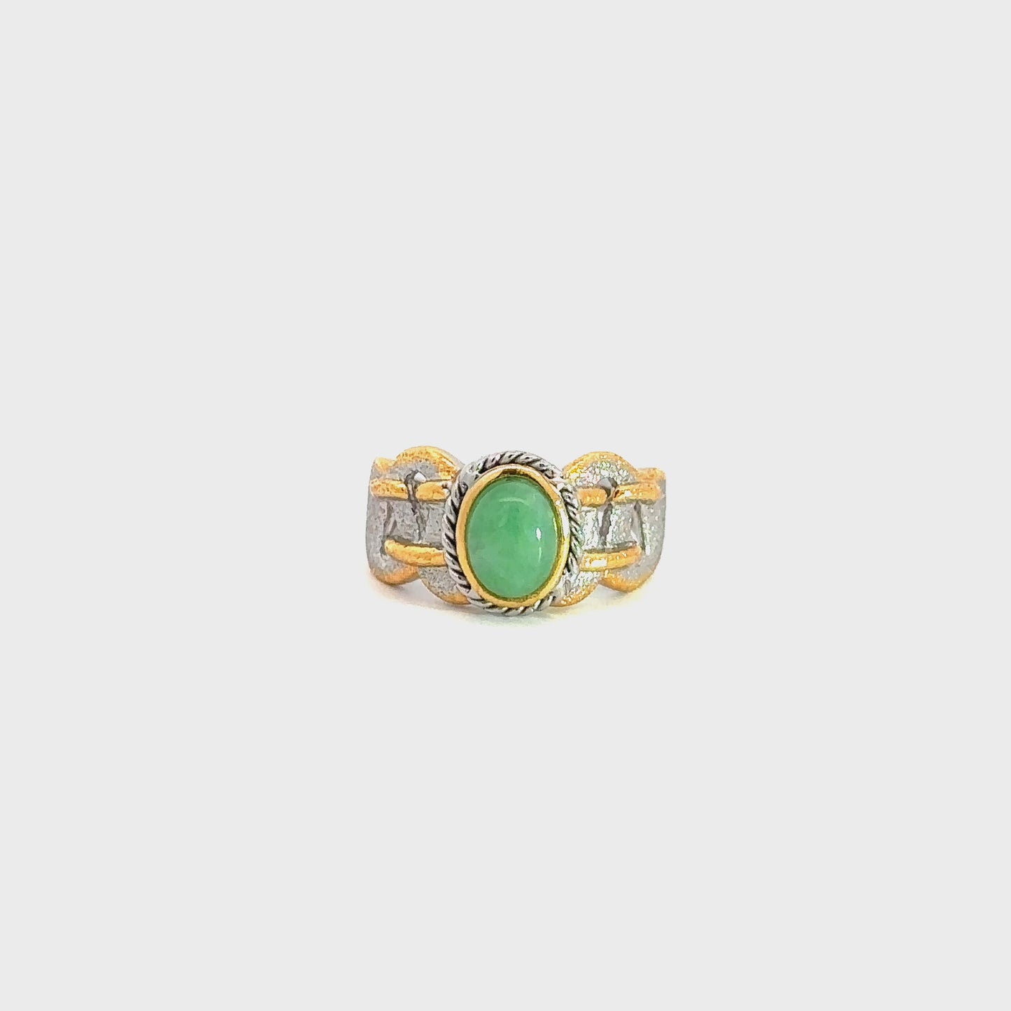 Load and play video in Gallery viewer, RealJade® Co. RealJade® Co. Antique Natural Jadeite Jade Sterling Silver Gold Plated Two Tone Ring
