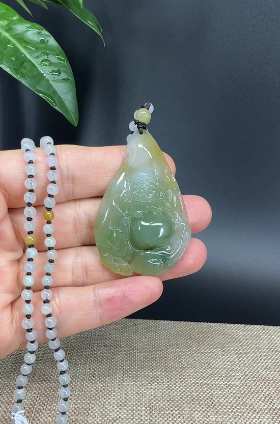 Load and play video in Gallery viewer, RealJade® Co.  Genuine Burmese Jadeite Jade Yellow Green Happy Buddha  Pendant Necklace
