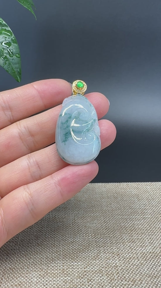 Load and play video in Gallery viewer, RealJade® Co. Genuine Blue Green Jadeite Jade Good Ru Yi Bottle Gourd Necklace With 18K Yellow Gold Bail
