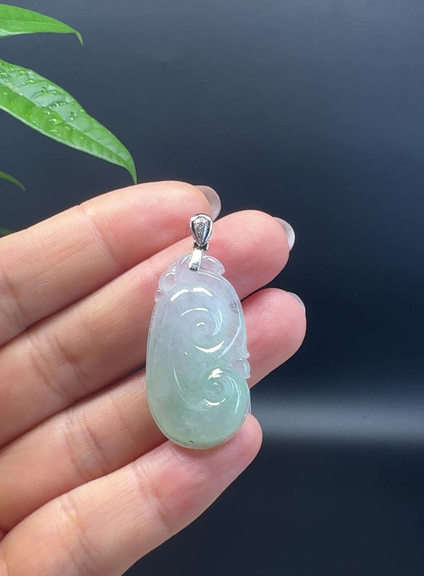 Load and play video in Gallery viewer, RealJade® Co. Genuine Icy green Jadeite Jade Good Luck RuYi  Necklace With 18K White Gold Bail
