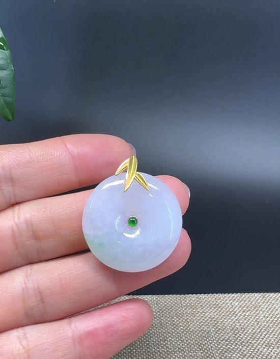 Load and play video in Gallery viewer, &amp;quot;Good Luck Button&amp;quot;Lavender Green Jadeite Jade Lucky KouKou Pendant With 18K Yellow Gold  Bail
