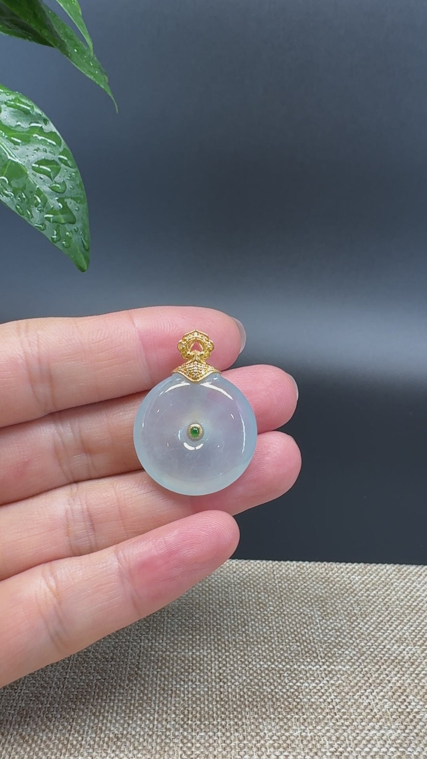 Load and play video in Gallery viewer, &amp;quot;Good Luck Button&amp;quot; Green Jadeite Jade Lucky KouKou Pendant With 18K Yellow Gold Diamond Bail
