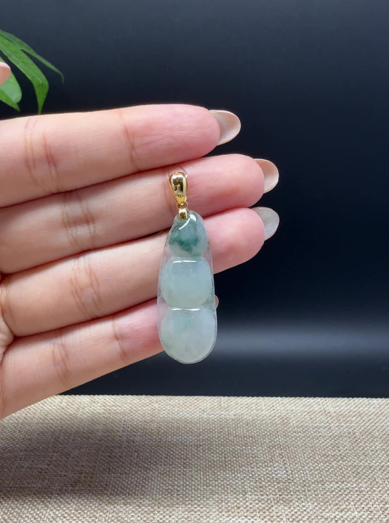 Load and play video in Gallery viewer, RealJade® Co. Genuine Ice Green Jadeite Jade Bean Necklace With 18K Yellow Gold Bail
