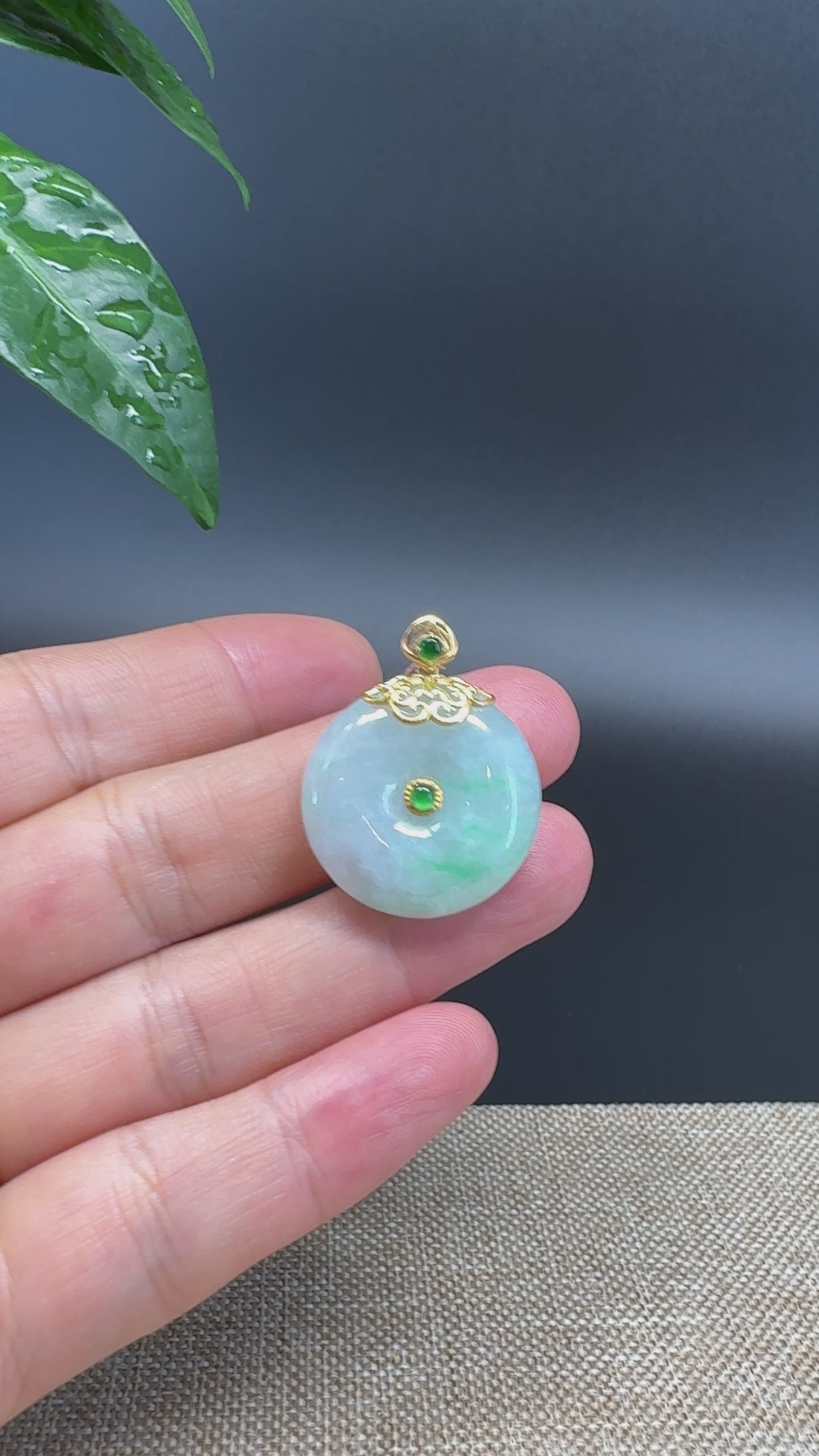 Load and play video in Gallery viewer, &amp;quot;Good Luck Button&amp;quot; Green Jadeite Jade Lucky KouKou Pendant With 18K Yellow Gold Diamond Bail
