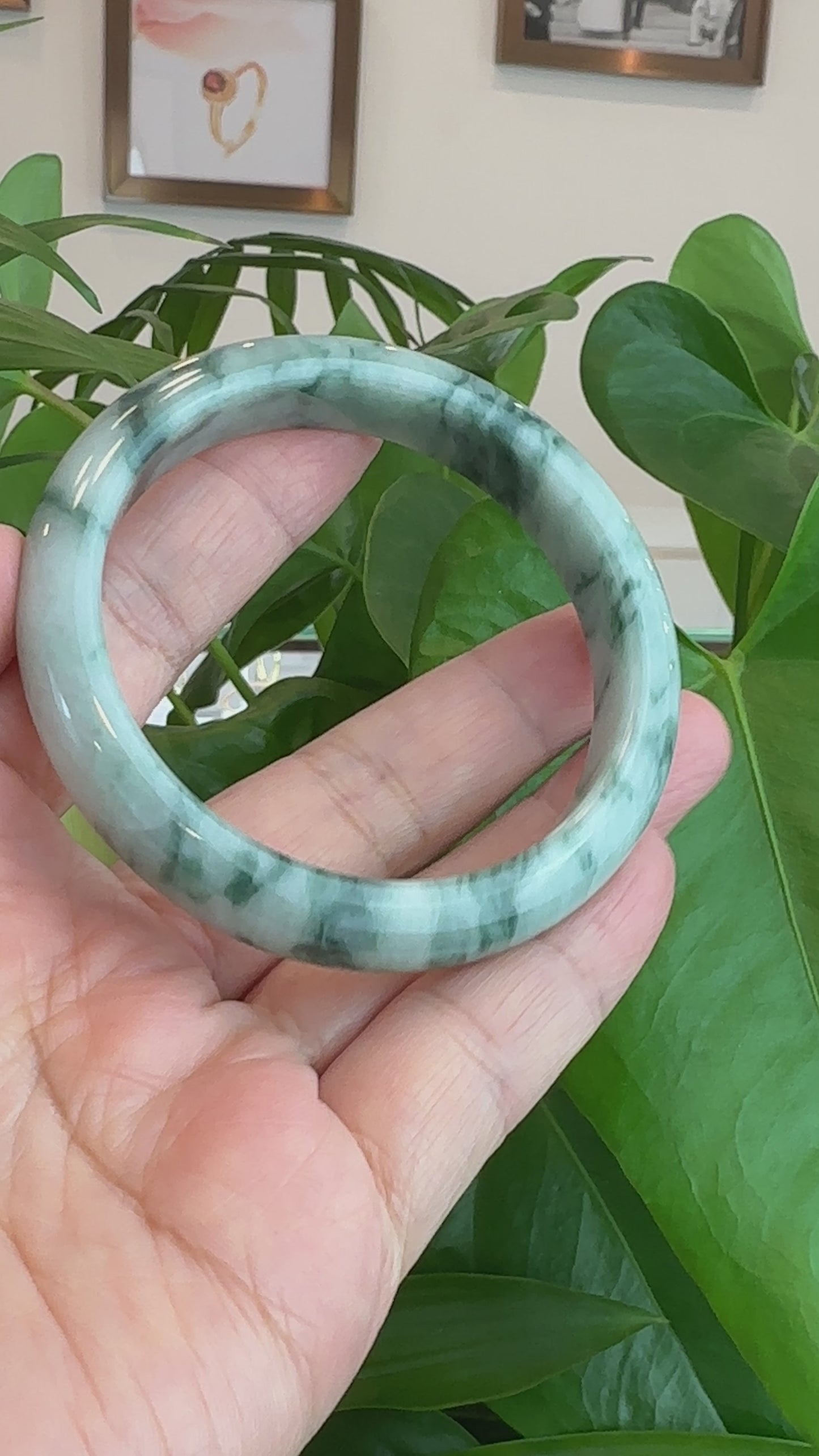 Load and play video in Gallery viewer, Natural Burmese Blue-green Jadeite Jade Bangle Bracelet (59.65mm)#T004
