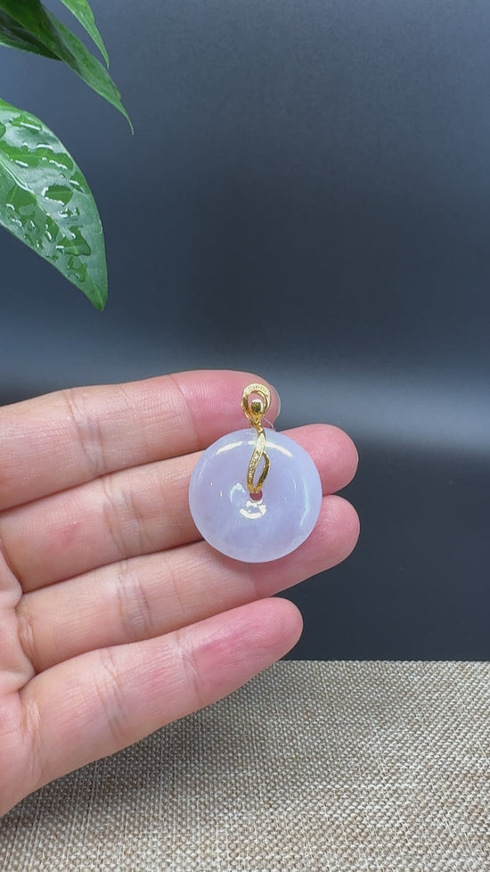 Load and play video in Gallery viewer, &amp;quot;Good Luck Button&amp;quot; Lavender Jadeite Jade Lucky KouKou Pendant With 18K Rose Gold Diamond Bail
