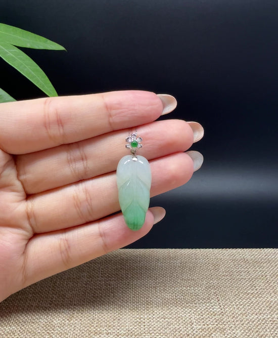 Load and play video in Gallery viewer, RealJade® Co. Genuine Ice Green Jadeite Jade Jin Zhi Yu Ye (Leaf) Necklace With 18K White Gold Bail
