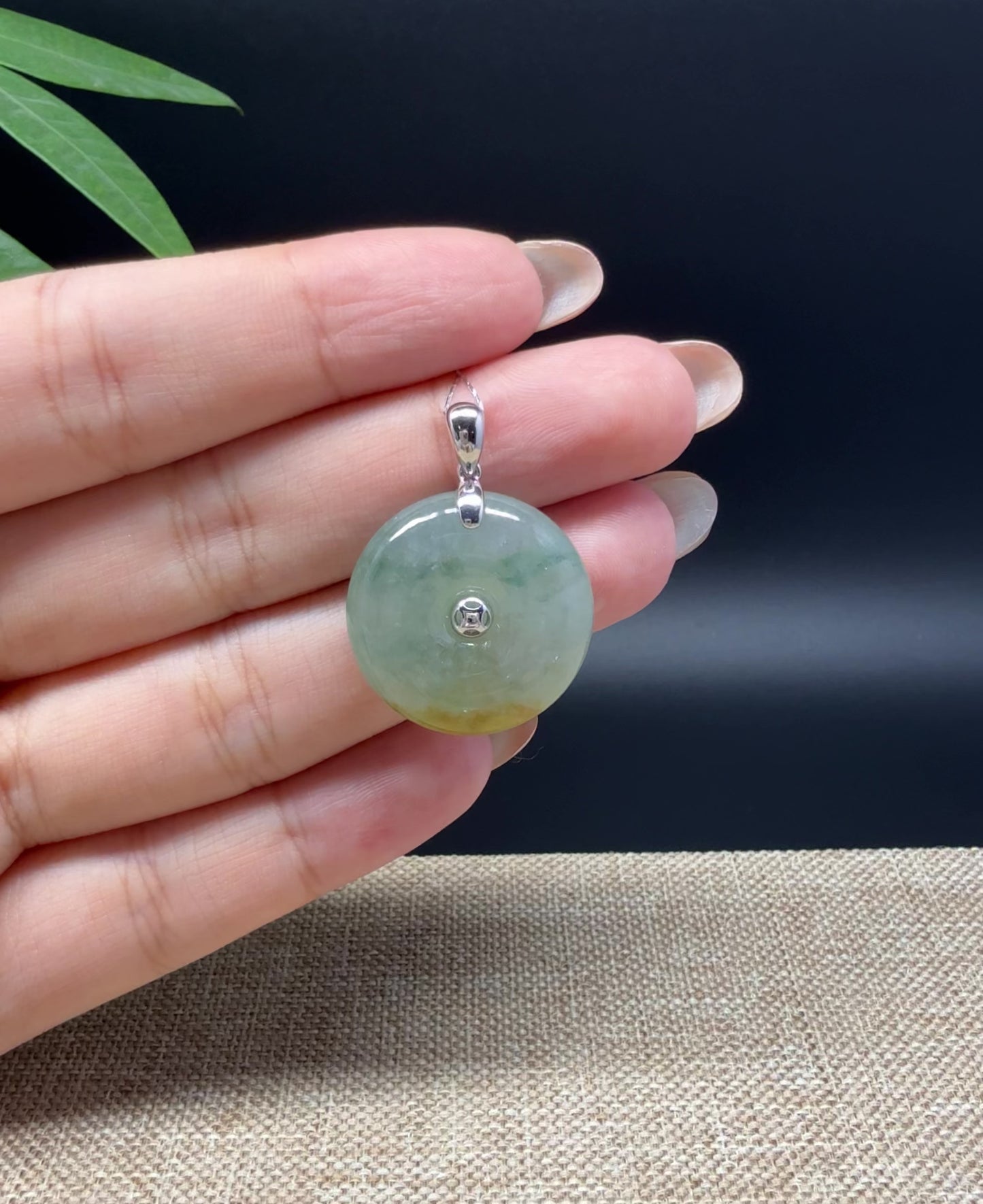 Load and play video in Gallery viewer, &amp;quot;Good Luck Button&amp;quot; Icy Yellow Green Jadeite Jade Lucky KouKou Pendant With 18K White Gold Bail
