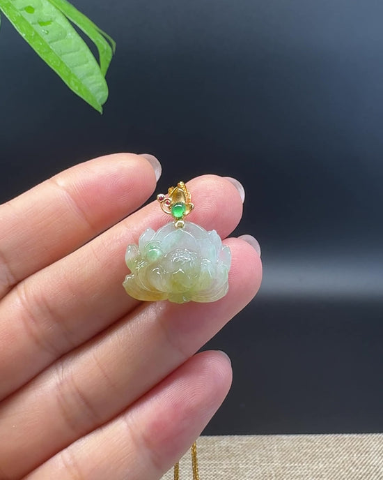 Load and play video in Gallery viewer, RealJade® Co. Genuine Ice Yellow Green  Jadeite Jade Good Lotus Necklace With 18K Yellow Gold Bail
