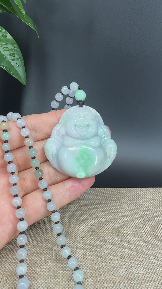 Load and play video in Gallery viewer, RealJade® Co.  Genuine Burmese Jadeite Jade White Green Happy Buddha  Pendant Necklace
