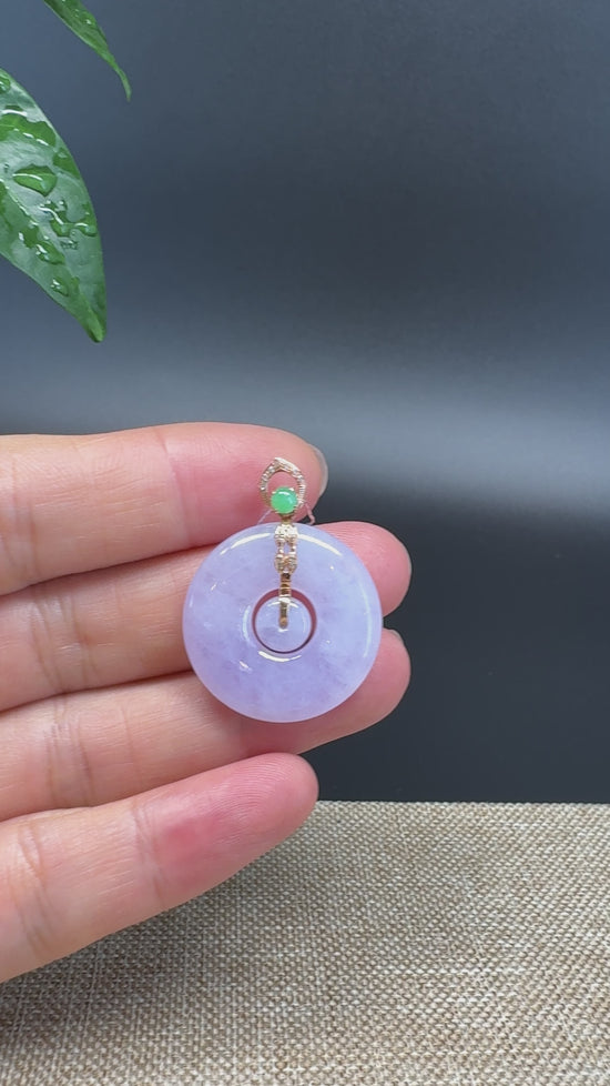 Load and play video in Gallery viewer, &amp;quot;Good Luck Button&amp;quot; Lavender Jadeite Jade Lucky KouKou Pendant With 18K Rose Gold  Bail
