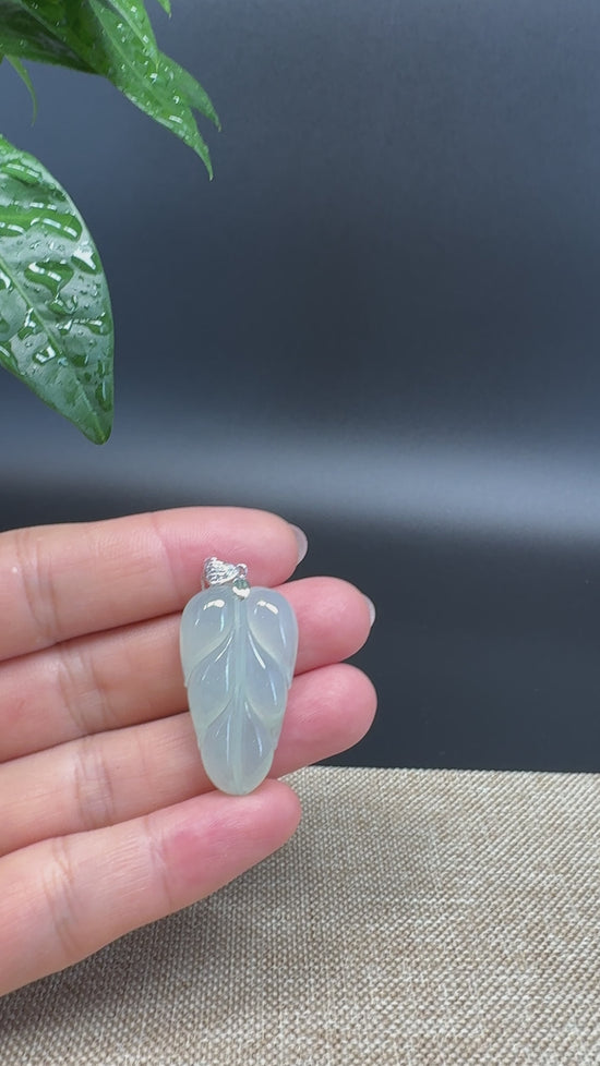 Load and play video in Gallery viewer, RealJade® Co. Genuine Ice Green Jadeite Jade Jin Zhi Yu Ye (Leaf) Necklace With 18K White Gold Bail
