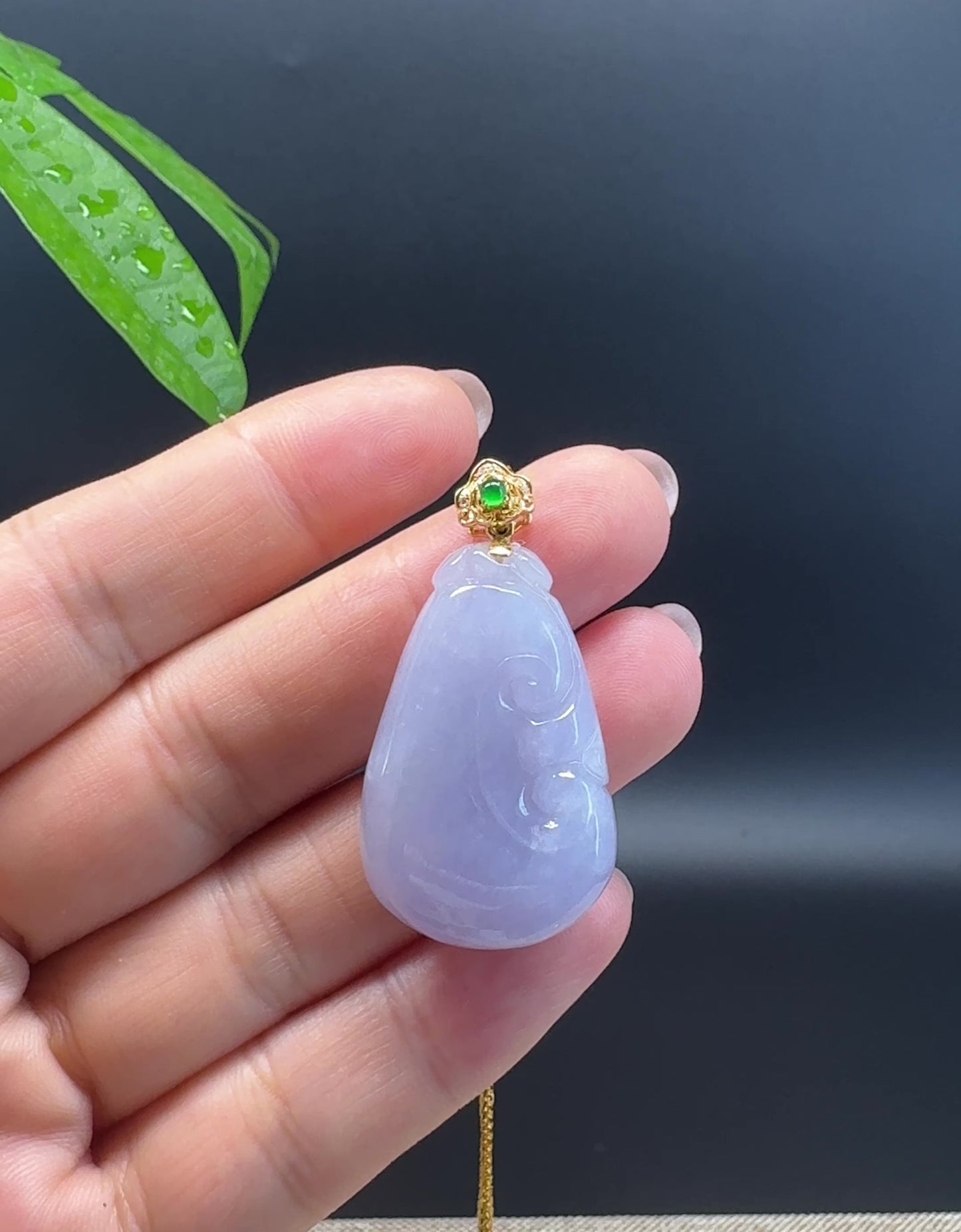 Load and play video in Gallery viewer, RealJade® Co. Genuine Lavender Jadeite Jade Good Luck RuYi Necklace With 18K Yellow Gold Bail
