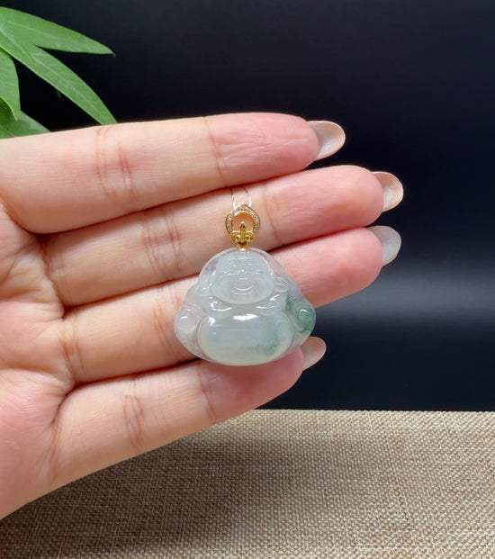 Load and play video in Gallery viewer, 18K Yellow Gold Burmese Icy Green Jadeite Jade Happy Buddha Pendant
