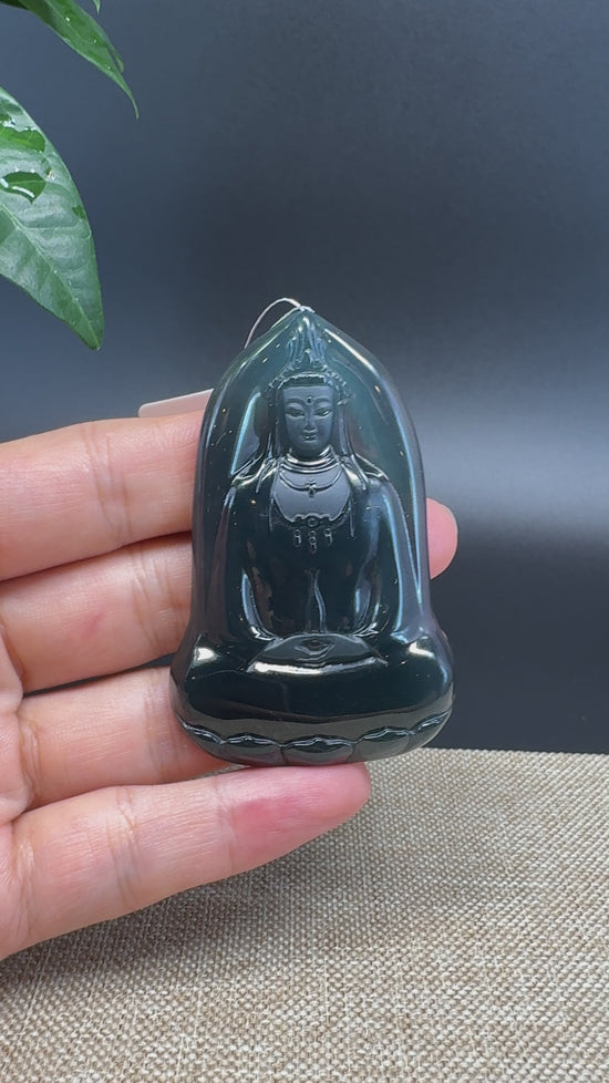 Load and play video in Gallery viewer, RealJade® Co. High Natural Guatemalan Blue Jadeite Jade GuanYin Pendant
