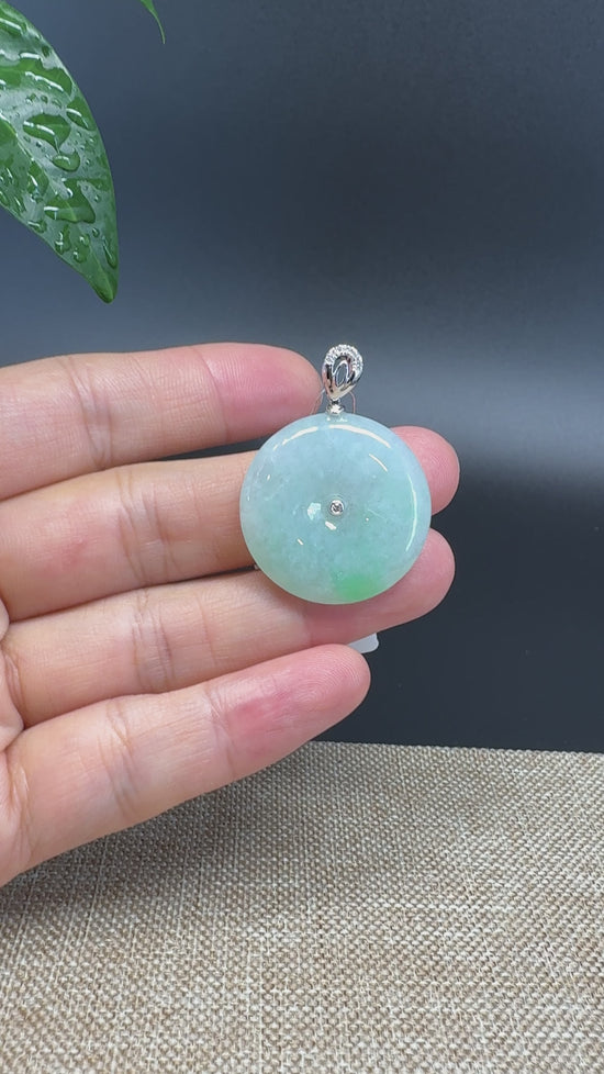 Load and play video in Gallery viewer, &amp;quot;Good Luck Button&amp;quot; Green Jadeite Jade Lucky KouKou Pendant With 18K White Gold  Bail
