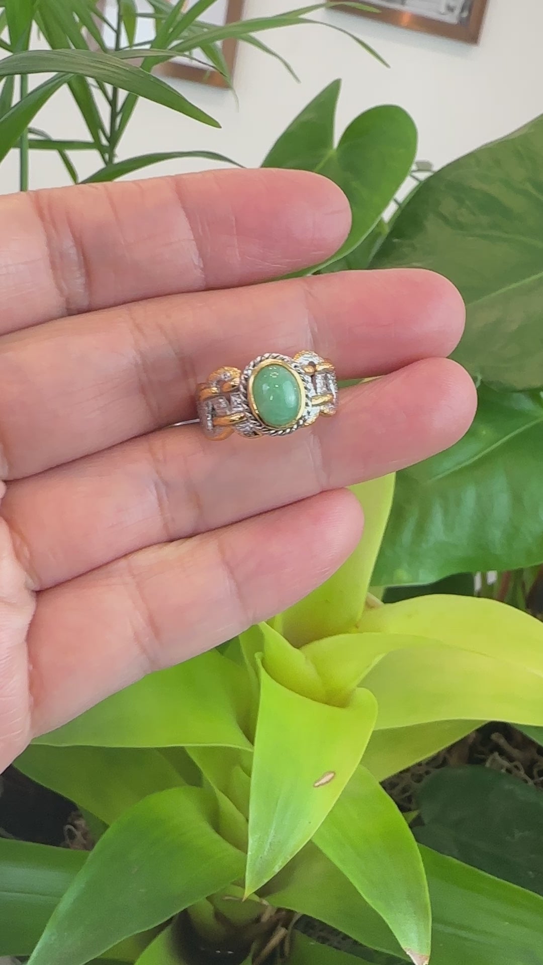 Load and play video in Gallery viewer, RealJade® Co. RealJade® Co. Antique Natural Jadeite Jade Sterling Silver Gold Plated Two Tone Ring
