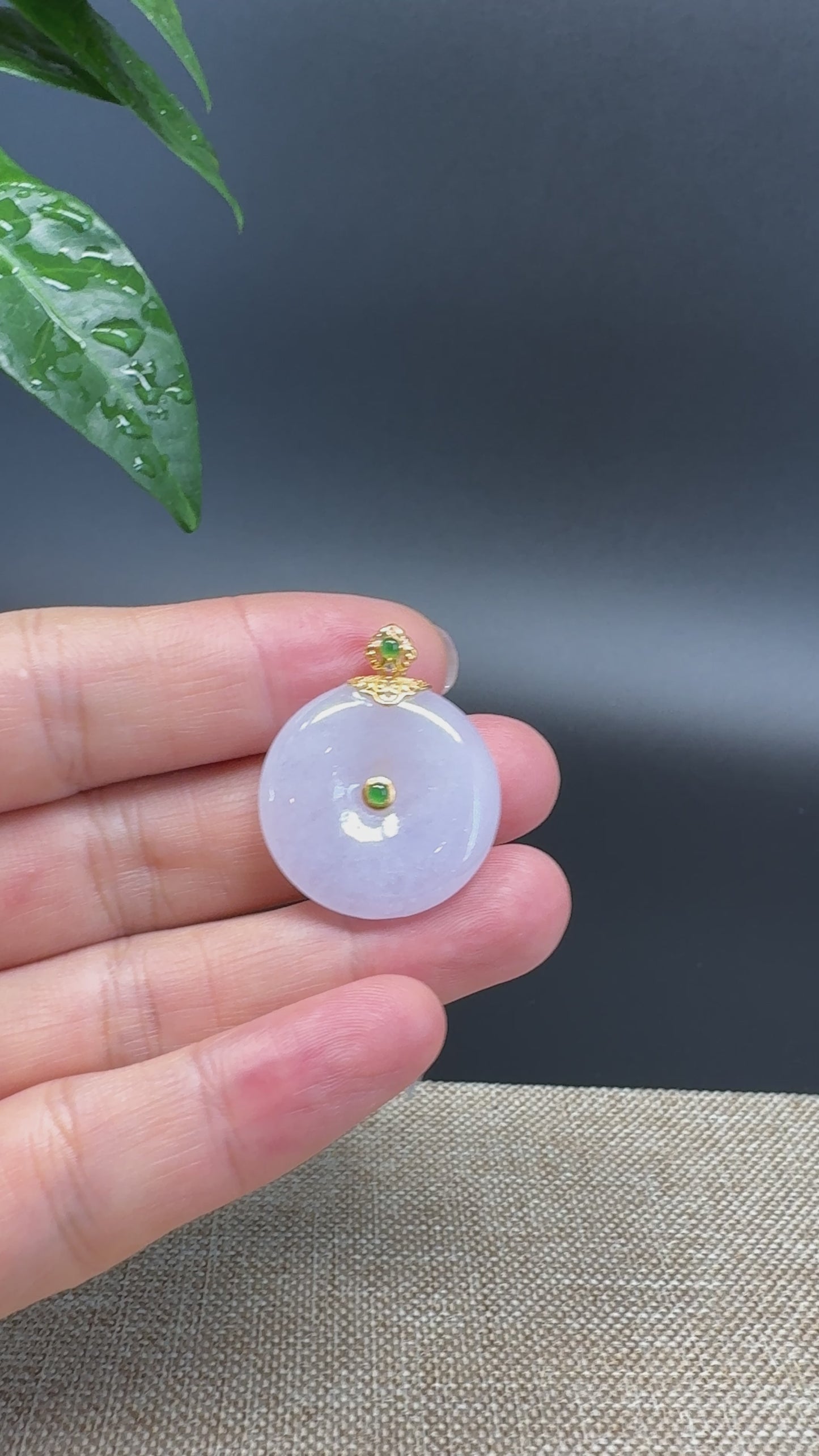 Load and play video in Gallery viewer, &amp;quot;Good Luck Button&amp;quot; Lavender Jadeite Jade Lucky KouKou Pendant With 18K Yellow Gold  Bail
