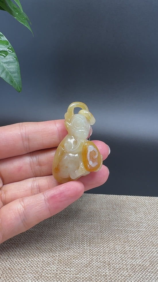 Load and play video in Gallery viewer, RealJade® Co. High Yellow Jadeite Jade Monkey Pendant
