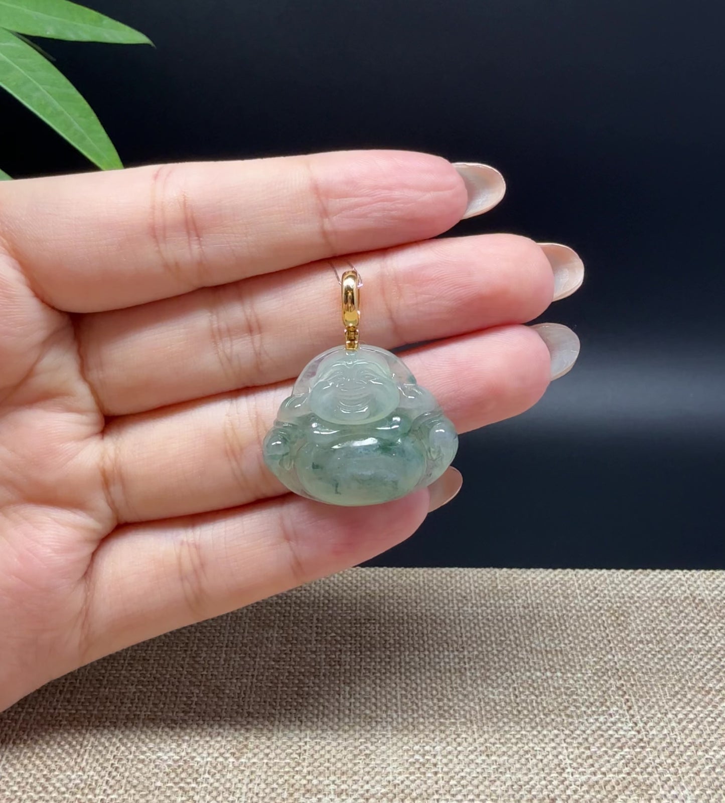 Load and play video in Gallery viewer, 18K Yellow Gold Burmese Icy Green Jadeite Jade Happy Buddha Pendant
