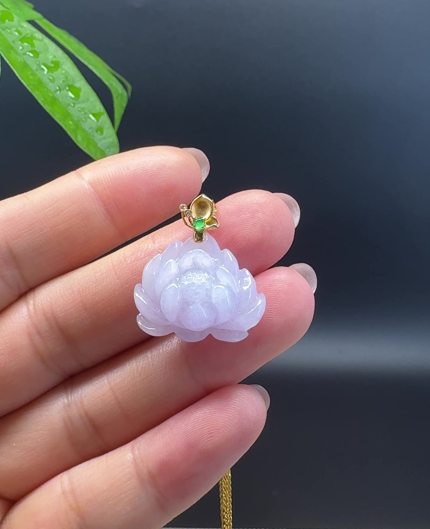 Load and play video in Gallery viewer, RealJade® Co. Genuine Lavender Jadeite Jade Good Lotus Necklace With 18K Yellow Gold Bail
