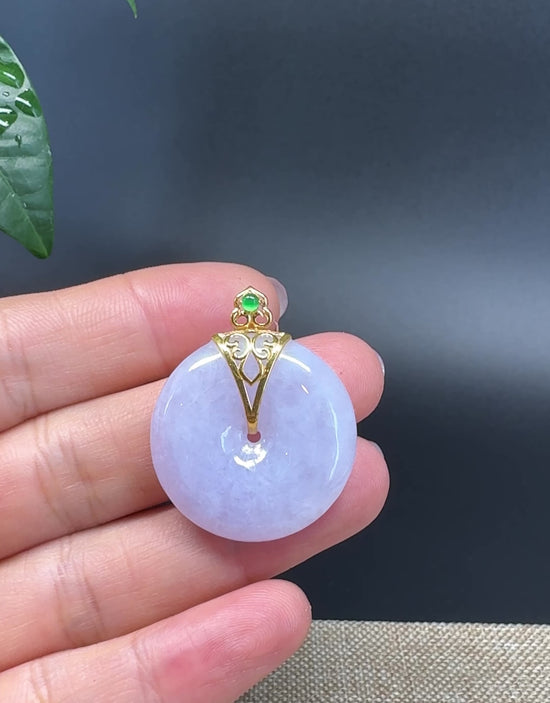 Load and play video in Gallery viewer, &amp;quot;Good Luck Button&amp;quot;Lavender Jadeite Jade Lucky KouKou Pendant With 18K Yellow Gold  Bail
