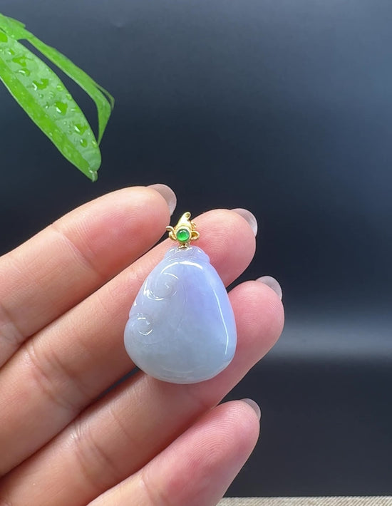 Load and play video in Gallery viewer, RealJade® Co. Genuine Lavender Green Jadeite Jade Good Luck RuYi Necklace With 18K Yellow Gold Bail
