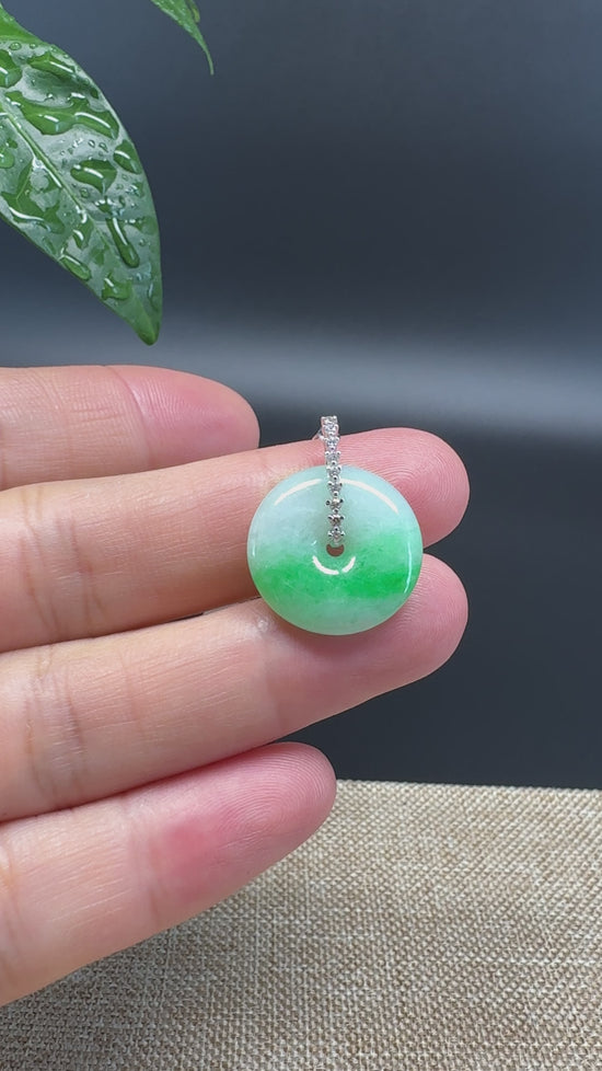 Load and play video in Gallery viewer, &amp;quot;Good Luck Button&amp;quot; Green Jadeite Jade Lucky KouKou Pendant With 18K White Gold Diamond Bail
