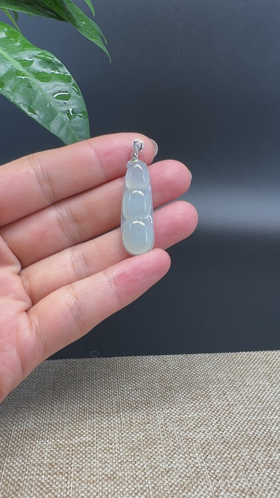 Load and play video in Gallery viewer, RealJade® Co. Genuine Icy Green  Jadeite Jade Bean Necklace With 18K White Gold Bail
