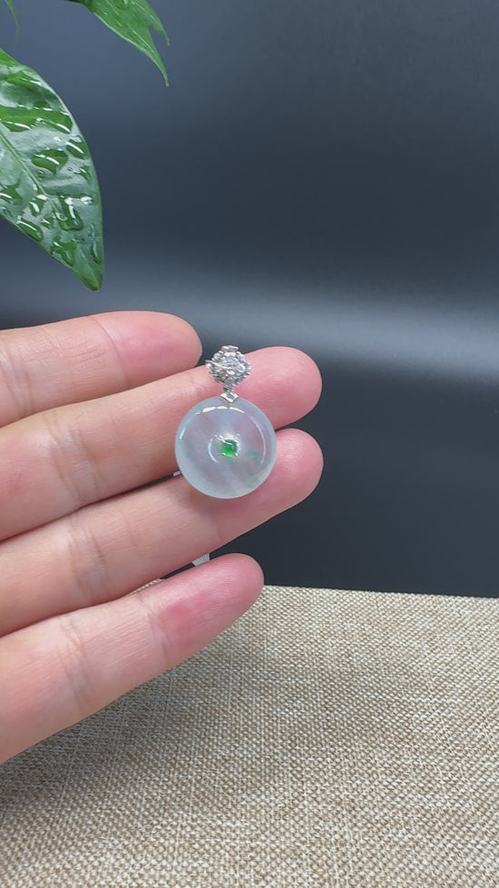 Load and play video in Gallery viewer, &amp;quot;Good Luck Button&amp;quot; Icy Jadeite Jade Lucky KouKou Pendant With 18K White Gold Diamond Bail
