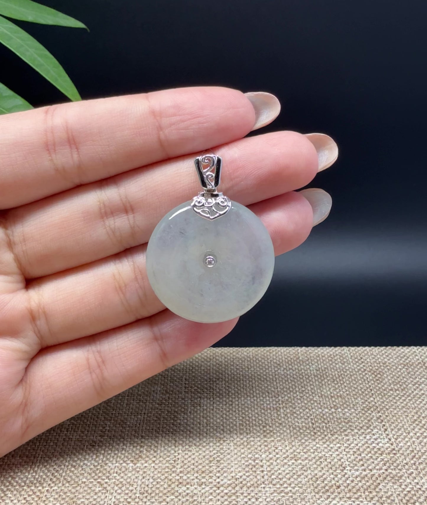 Load and play video in Gallery viewer, &amp;quot;Good Luck Button&amp;quot; Icy Jadeite Jade Lucky KouKou Pendant With 18K White Gold Bail
