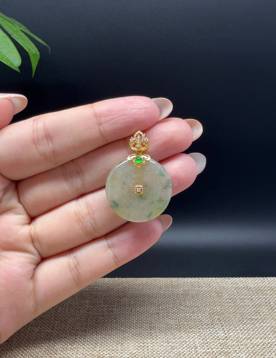 Load and play video in Gallery viewer, &amp;quot;Good Luck Button&amp;quot; Icy Yellow Green Jadeite Jade Lucky KouKou Pendant With 18K Yellow Gold Bail
