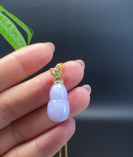 Load and play video in Gallery viewer, RealJade® Co. Genuine Lavender Jadeite Jade Good Luck Hulu Necklace With 18K Yellow Gold Bail
