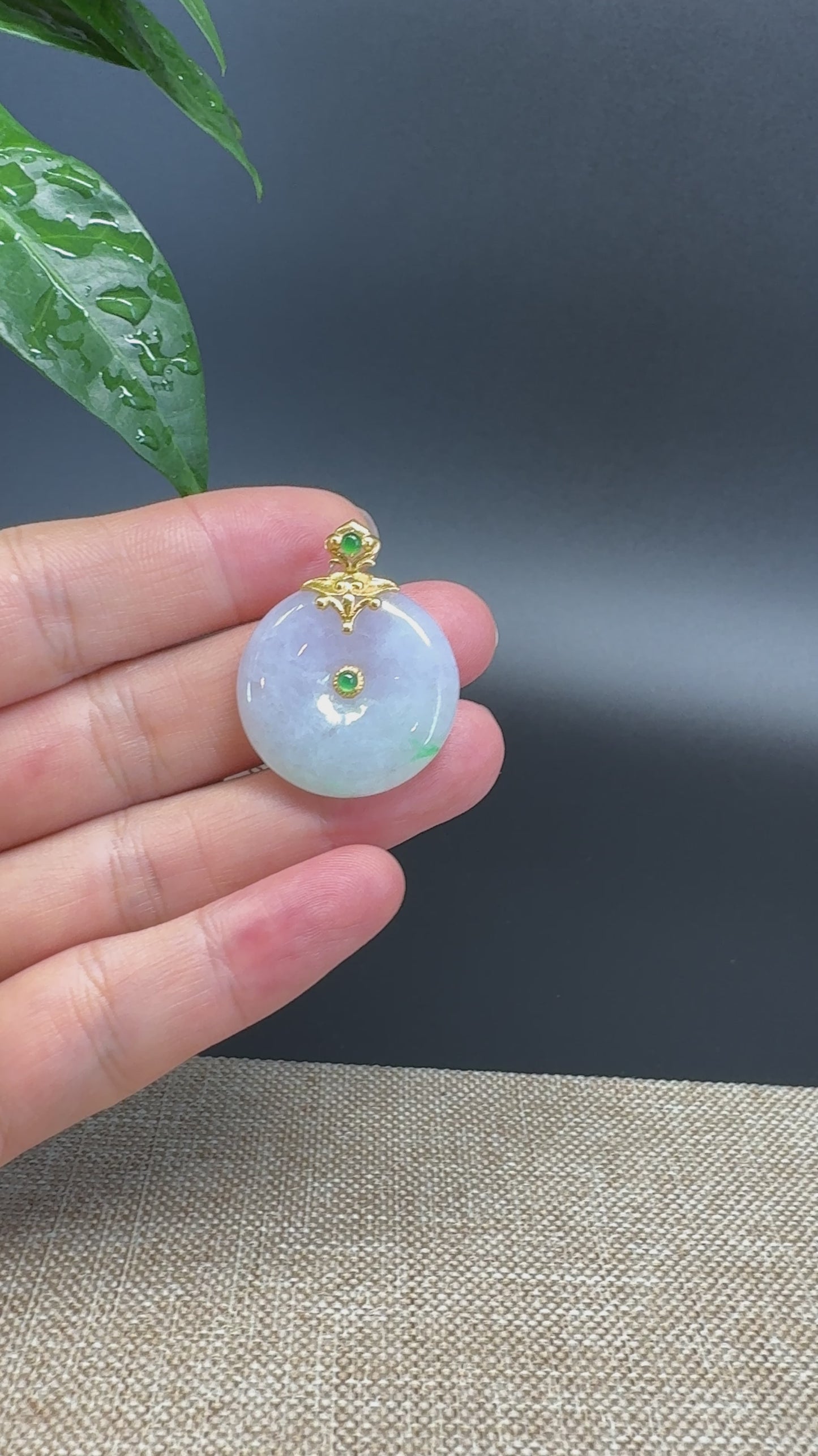 Load and play video in Gallery viewer, &amp;quot;Good Luck Button&amp;quot; Lavender Green Jadeite Jade Lucky KouKou Pendant With 18K Yellow Gold  Bail
