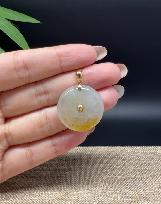 Load and play video in Gallery viewer, &amp;quot;Good Luck Button&amp;quot; Icy Yellow Jadeite Jade Lucky KouKou Pendant With 18K Yellow Gold Bail
