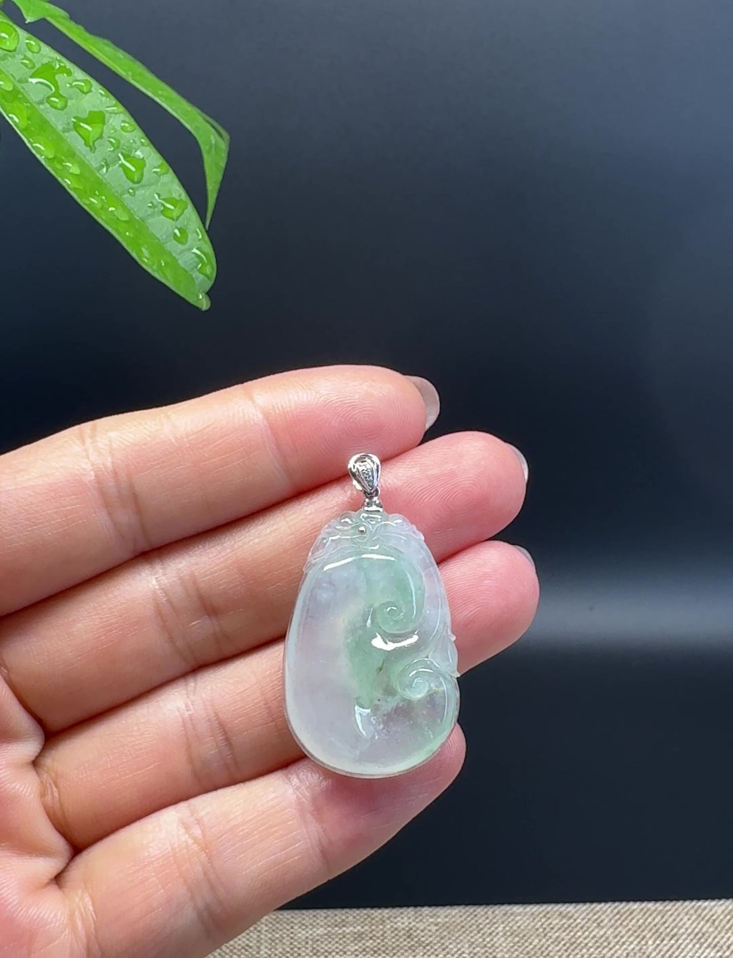 Load and play video in Gallery viewer, RealJade® Co. Genuine Icy Green Jadeite Jade Good Luck RuYi Necklace With 18K  White Gold Bail
