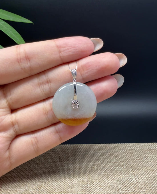 Load and play video in Gallery viewer, &amp;quot;Good Luck Button&amp;quot; Icy Yellow Jadeite Jade Lucky KouKou Pendant With 18K White Gold Bail
