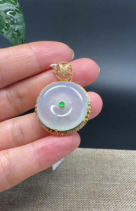 Load and play video in Gallery viewer, &amp;quot;Good Luck Button&amp;quot; Icy Jadeite Jade Lucky KouKou Pendant With 18K Yellow Gold Bail
