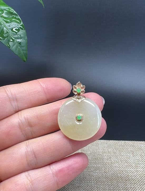 Load and play video in Gallery viewer, &amp;quot;Good Luck Button&amp;quot; Icy Yellow Jadeite Jade Lucky KouKou Pendant With 18K Yellow Gold Bail
