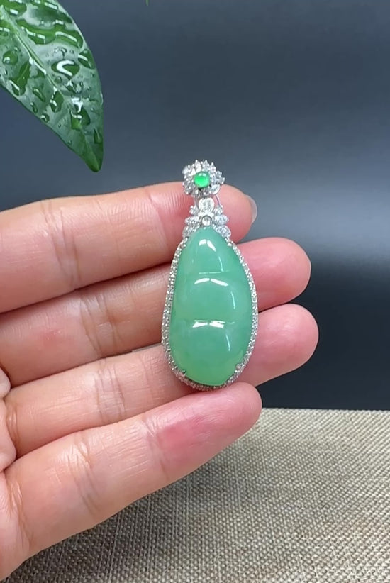 Load and play video in Gallery viewer, RealJade® Co. Genuine Burmese Green Jadeite Jade Fu Dou Pendant with 18k Rose Gold Diamond Bail
