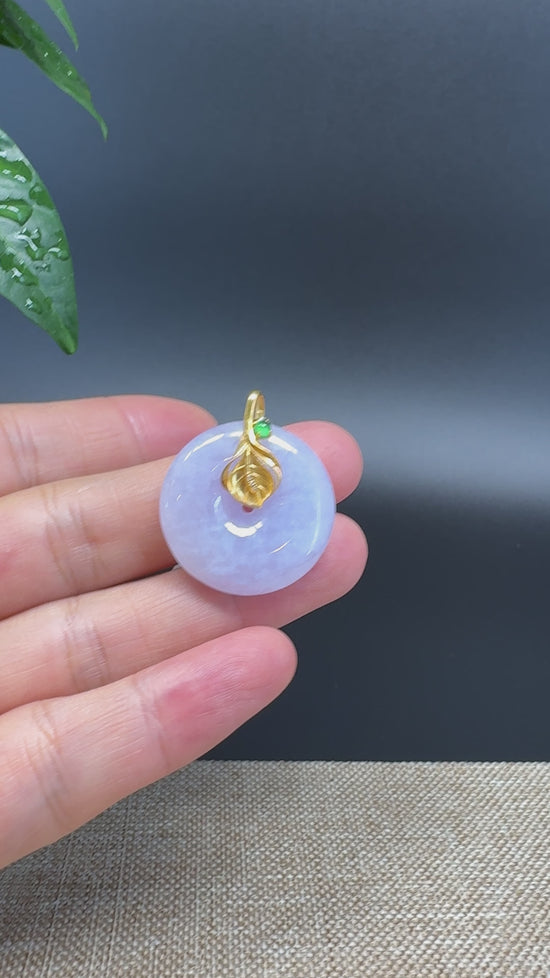 Load and play video in Gallery viewer, &amp;quot;Good Luck Button&amp;quot; Lavender Jadeite Jade Lucky KouKou Pendant With 18K Yellow Gold Bail
