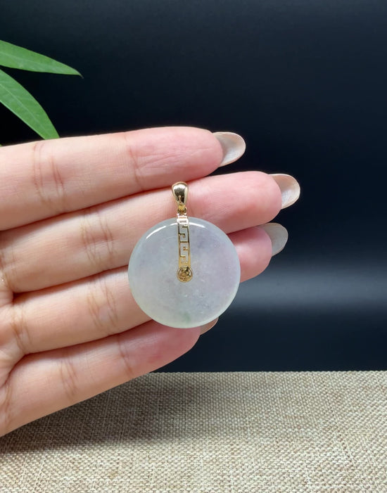 Load and play video in Gallery viewer, &amp;quot;Good Luck Button&amp;quot;Icy Green Jadeite Jade Lucky KouKou Pendant With 18K Yellow Gold Bail
