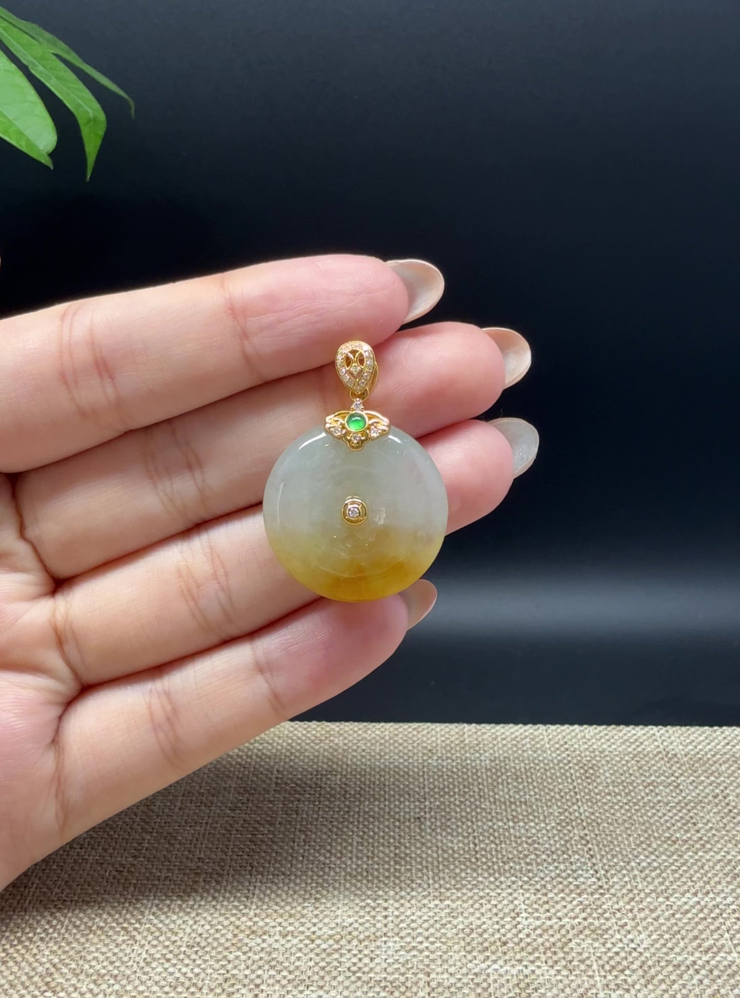 Load and play video in Gallery viewer, &amp;quot;Good Luck Button&amp;quot; icy Yellow Jadeite Jade Lucky KouKou Pendant With 18K Yellow Gold Bail
