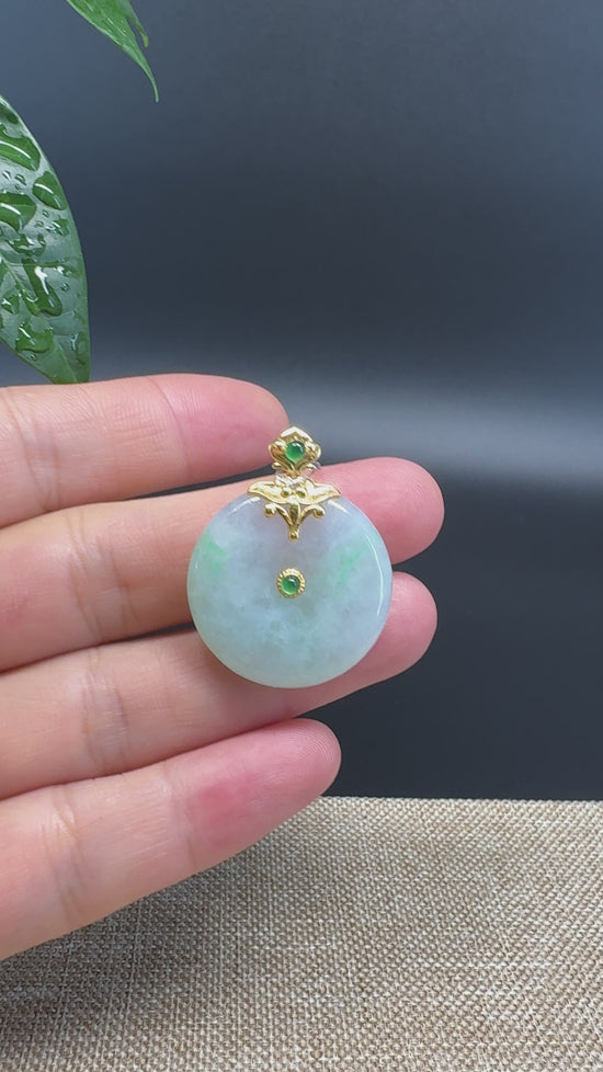 Load and play video in Gallery viewer, &amp;quot;Good Luck Button&amp;quot; Green Jadeite Jade Lucky KouKou Pendant With 18K Yellow Gold Diamond Bail
