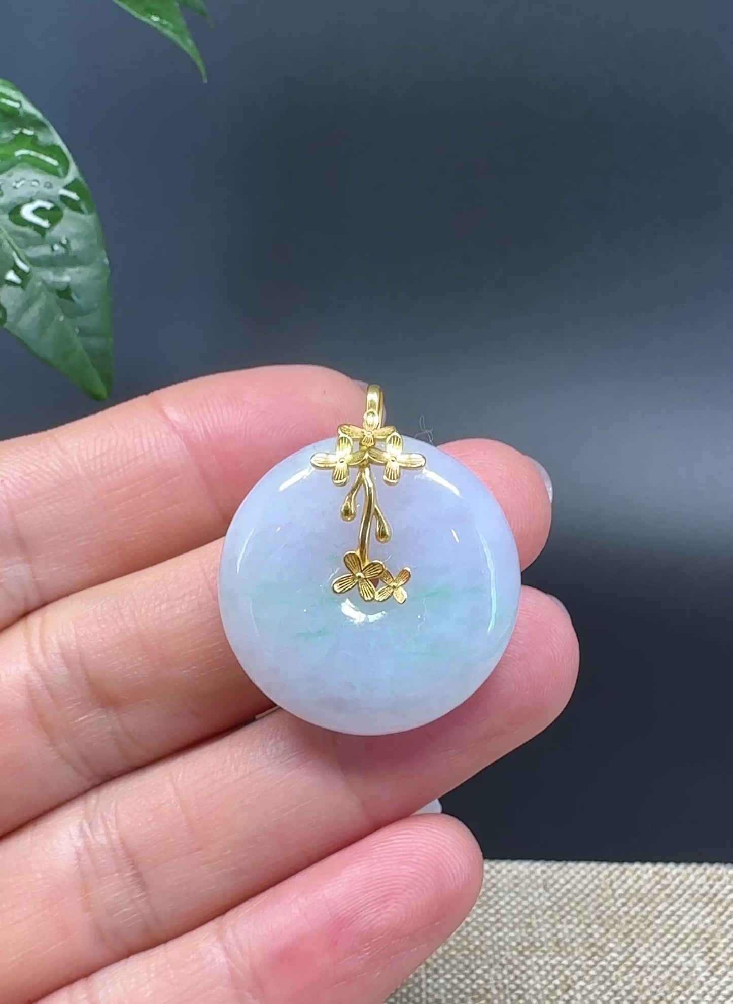 Load and play video in Gallery viewer, &amp;quot;Good Luck Button&amp;quot;Lavender Green Jadeite Jade Lucky KouKou Pendant With 18K Yellow Gold  Bail
