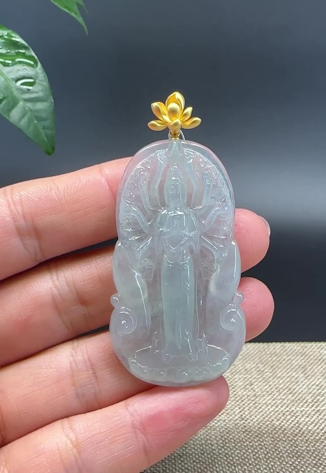 Load and play video in Gallery viewer, RealJadeCo. 18K Yellow Gold &amp;amp; Genuine Ice Jadeite Thousand-Hand Guanyin Pendant Necklace
