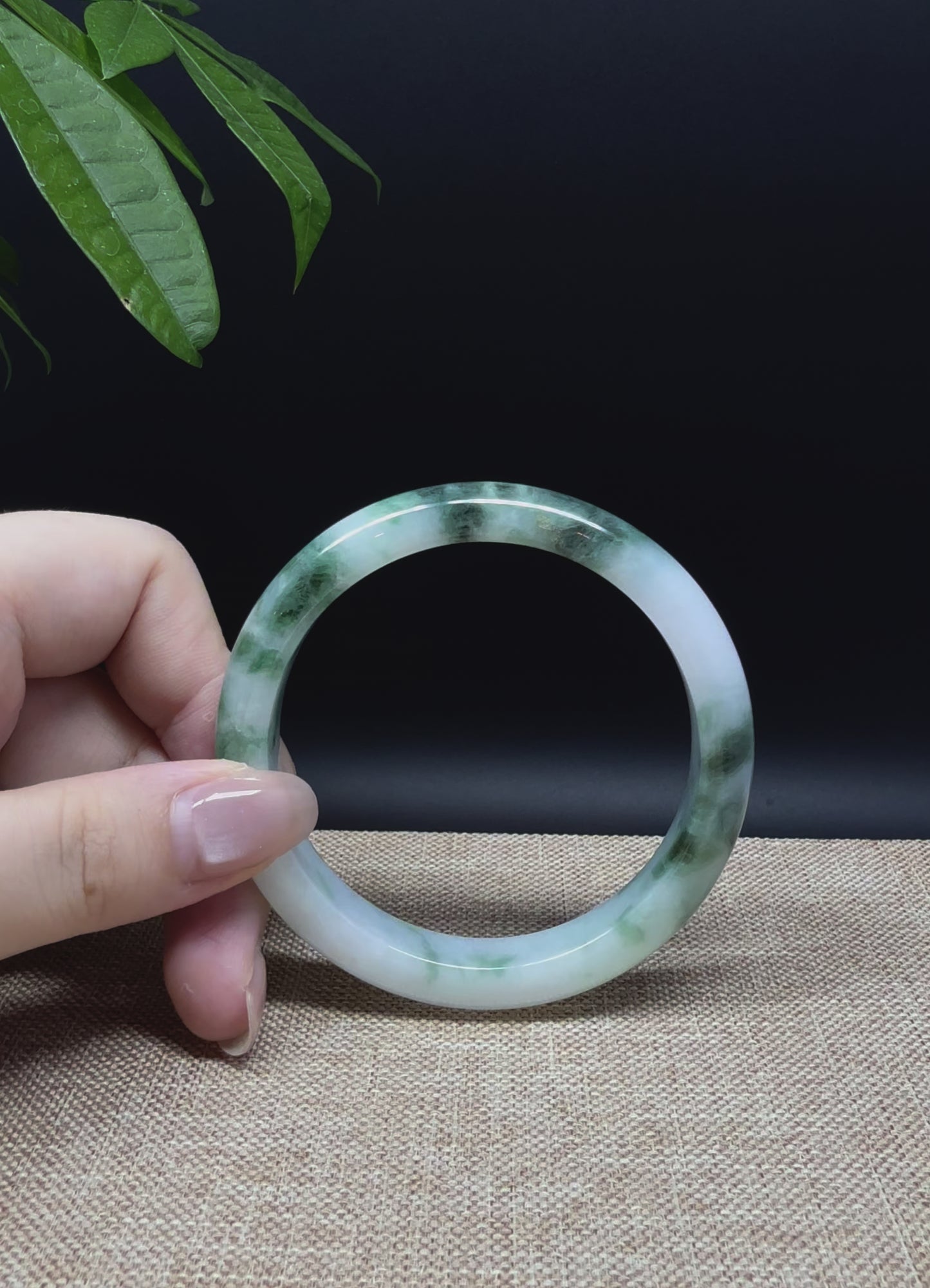 Load and play video in Gallery viewer, Genuine Burmese White Green Jade Jadeite Bangle Bracelet ( 56.9mm )
