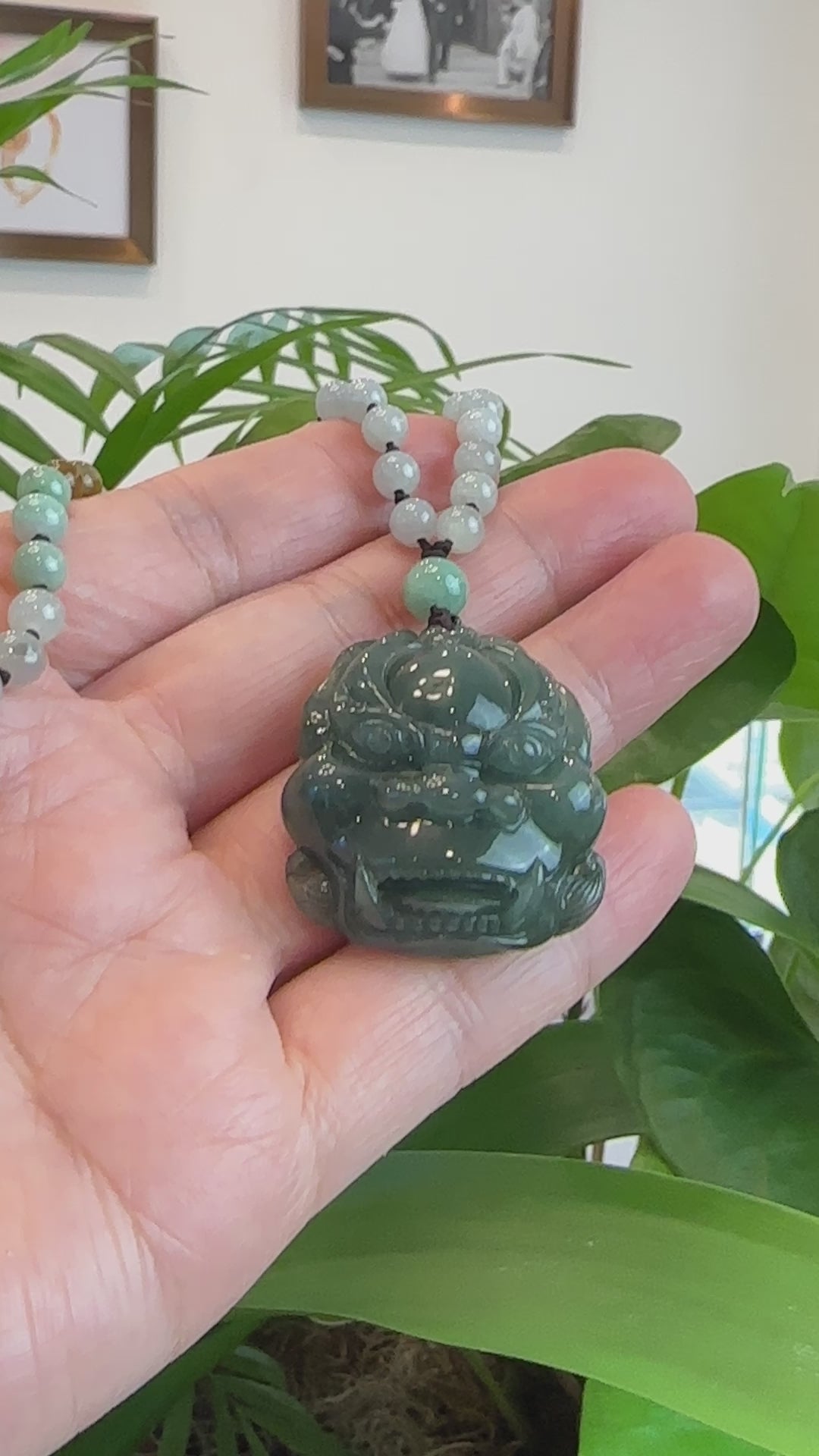 Load and play video in Gallery viewer, RealJade® Co. &amp;quot;Fu Dog&amp;quot; (Guardian Lion) Natural Blue Green Jadeite Jade Necklace Collectibles
