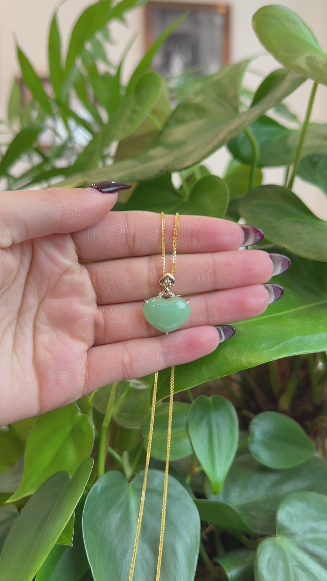 Load and play video in Gallery viewer, RealJade® Co. RealJade® Co. 14K Yellow Gold Genuine Burmese Green Jadeite Jade Heart Pendant with VS1 Diamonds
